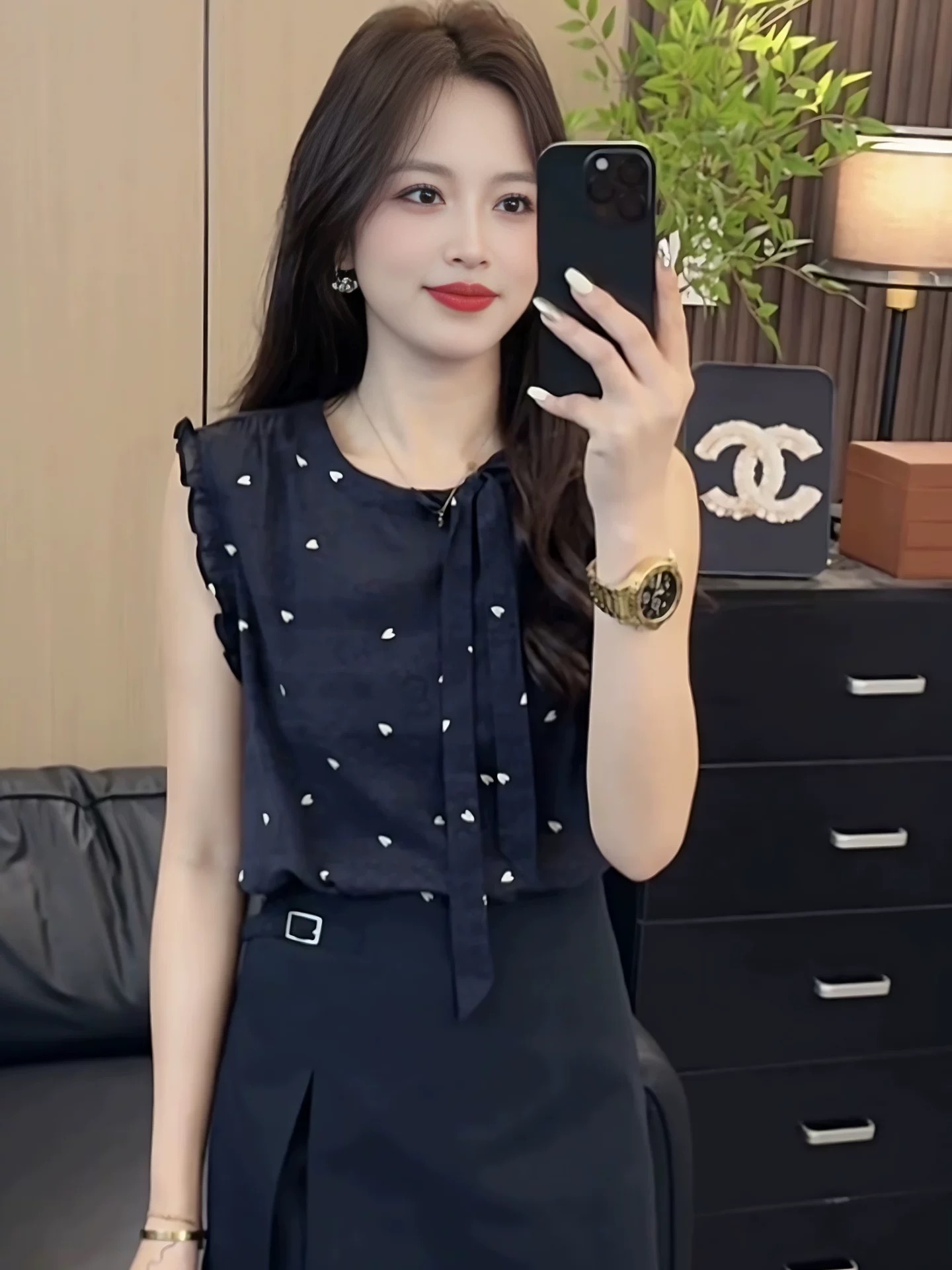 法式爱心印花小衫韩版蝴蝶结显瘦无袖背心女衬衫波点气质小个子