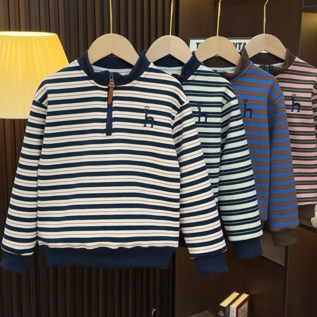 儿童半拉链羊毛蚕丝卫衣秋冬新款中大童条纹休闲上衣GP3023