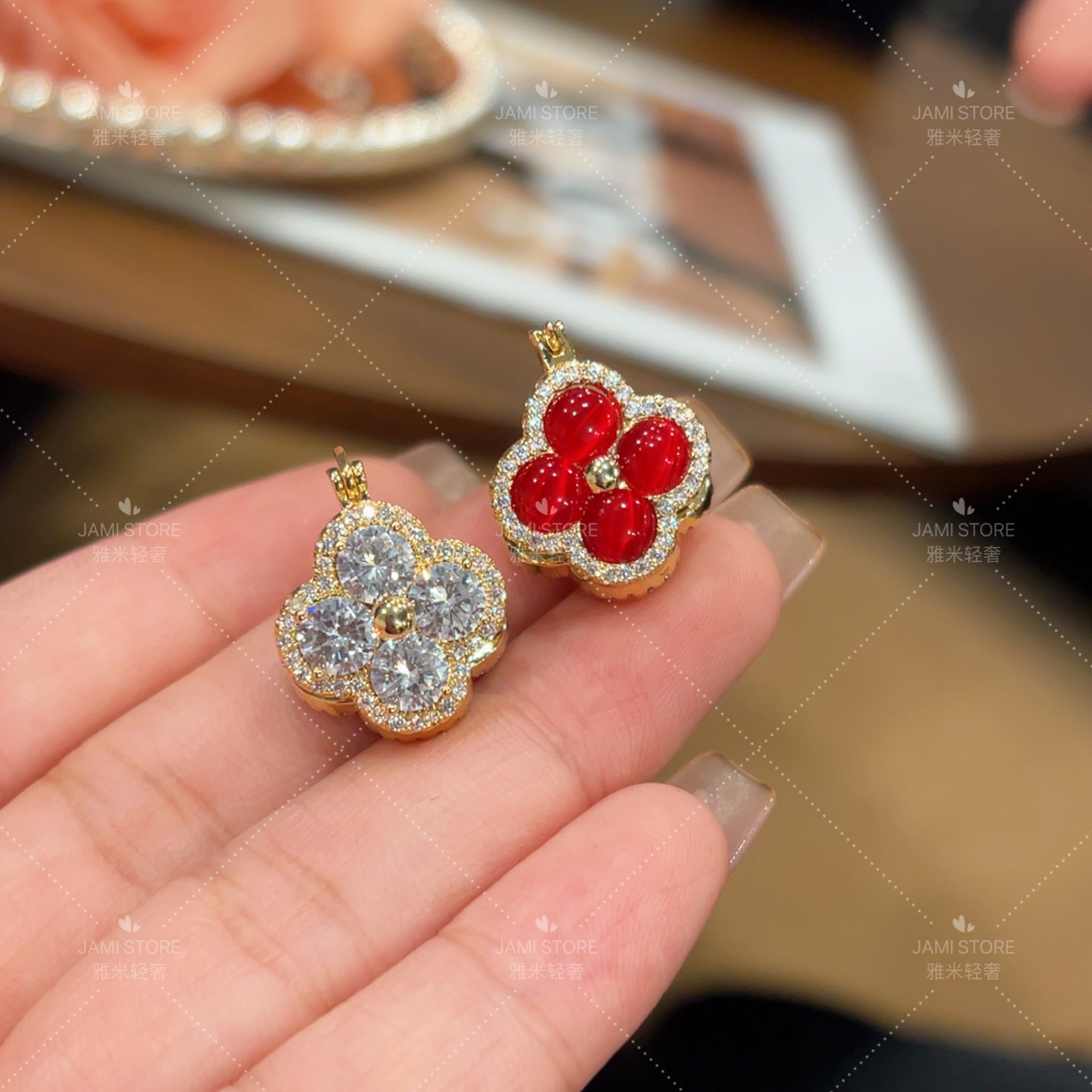 铜合金合成锆石耳饰 【雅米】粉色两戴花花耳扣轻奢气质时尚百搭