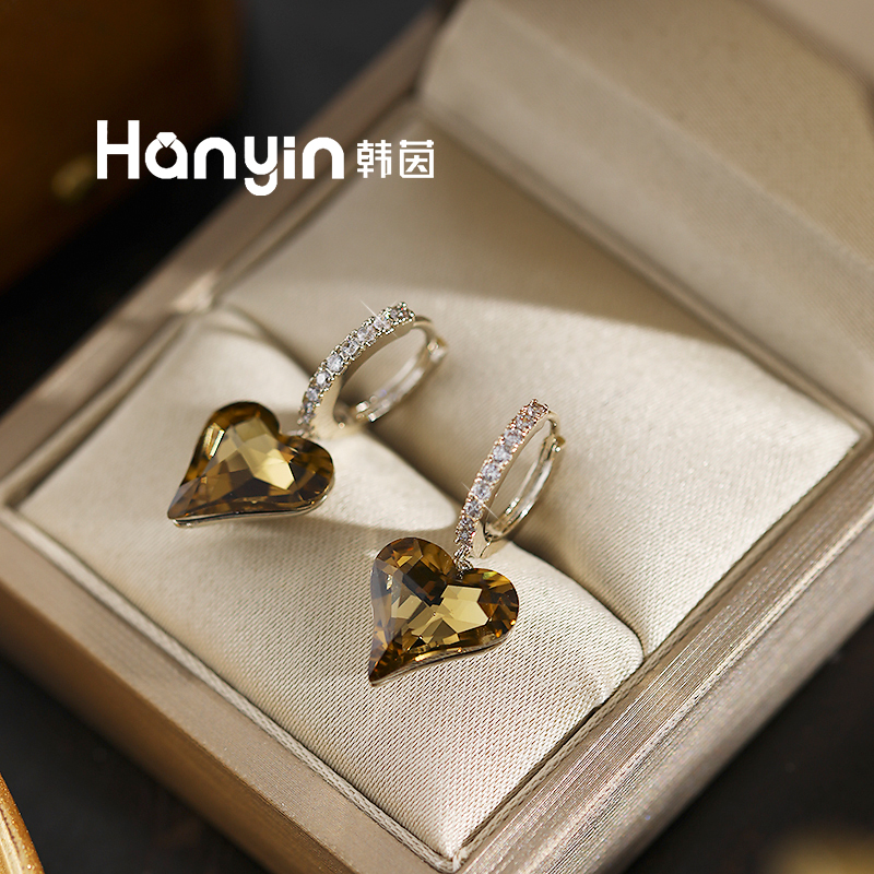 铜合金合成锆石耳饰 小众复古气质茶晶色爱心泡泡耳钉老钱风耳饰