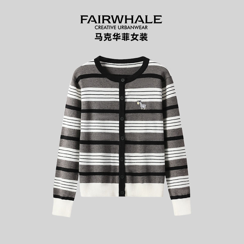 马克华菲QQ女装长袖短款刺绣条纹格纹针织衫韩版女装F53004A534