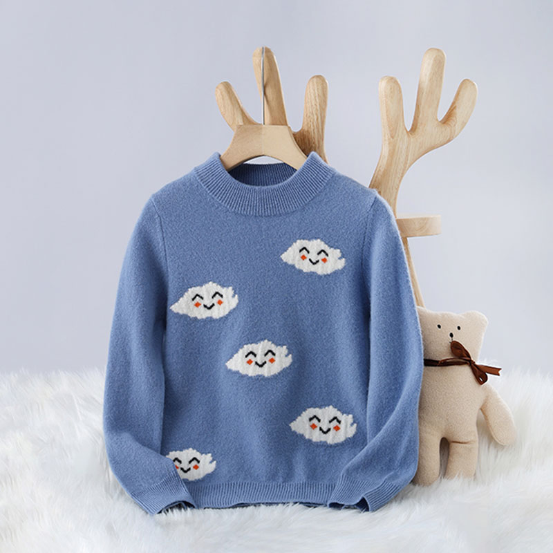 儿童100%羊毛常规款云朵笑脸圆领卡通风毛衣针织衫保暖加厚童装