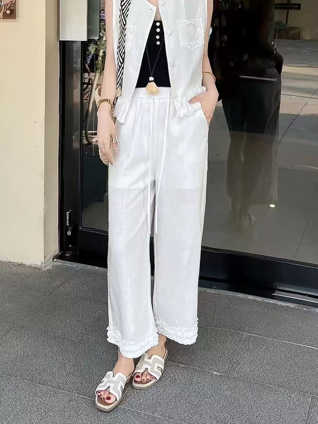 592欧洲站2025夏新款麻料设计感休闲裤女宽松显瘦木耳边阔腿裤潮