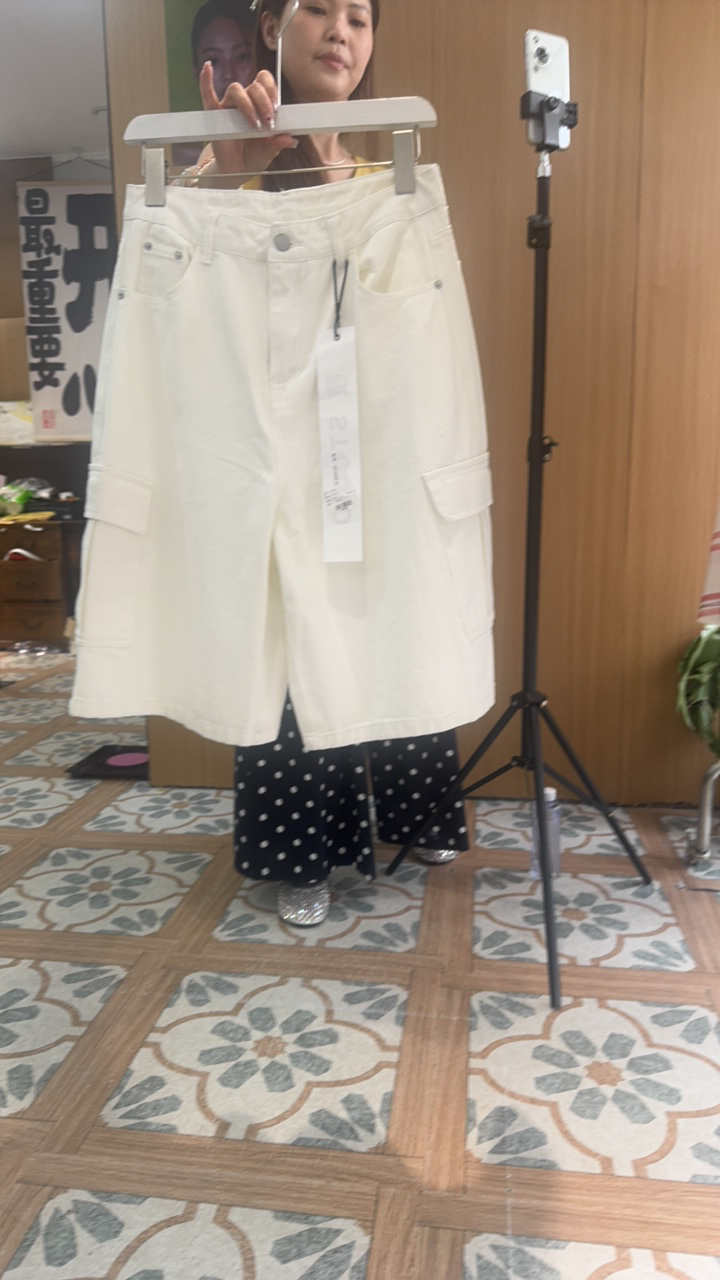 高街美式白色工装牛仔七分裤女辣妹多口袋宽松直筒设计