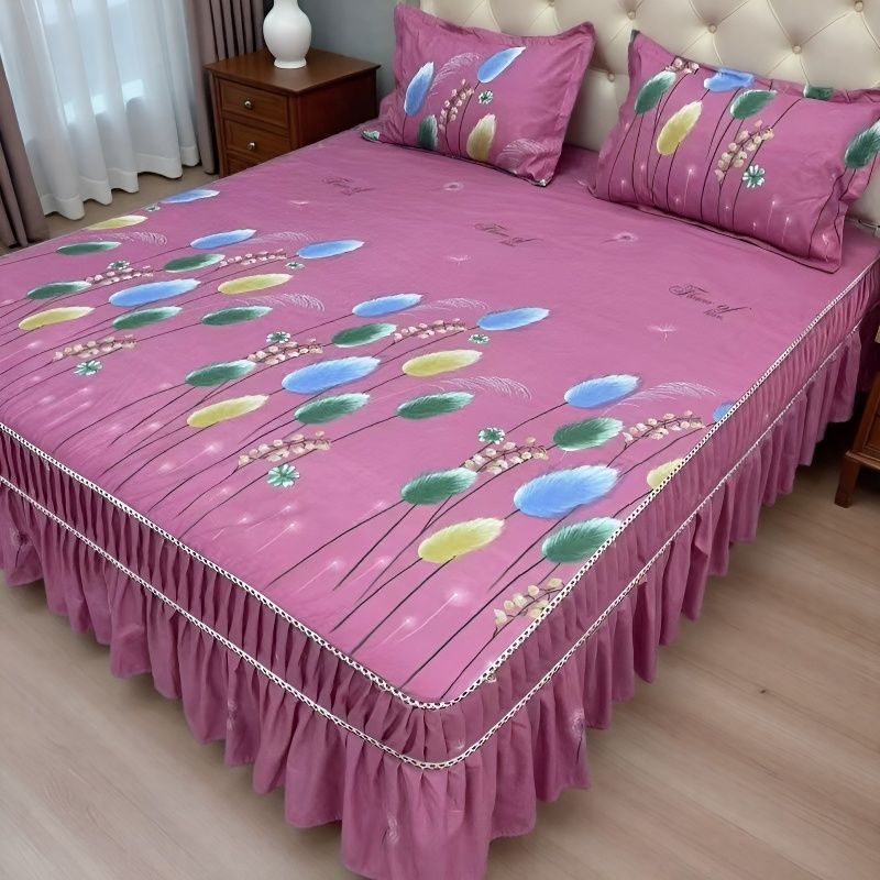 （粉色心情）斜纹磨毛亲肤加厚面料床裙四季款床笠防滑床罩