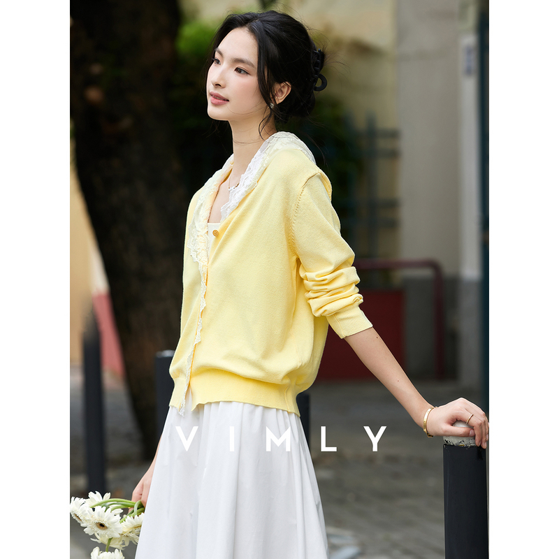 M梵希蔓黄色蕾丝连帽针织开衫女秋季羊毛混纺长袖毛衣外套75061