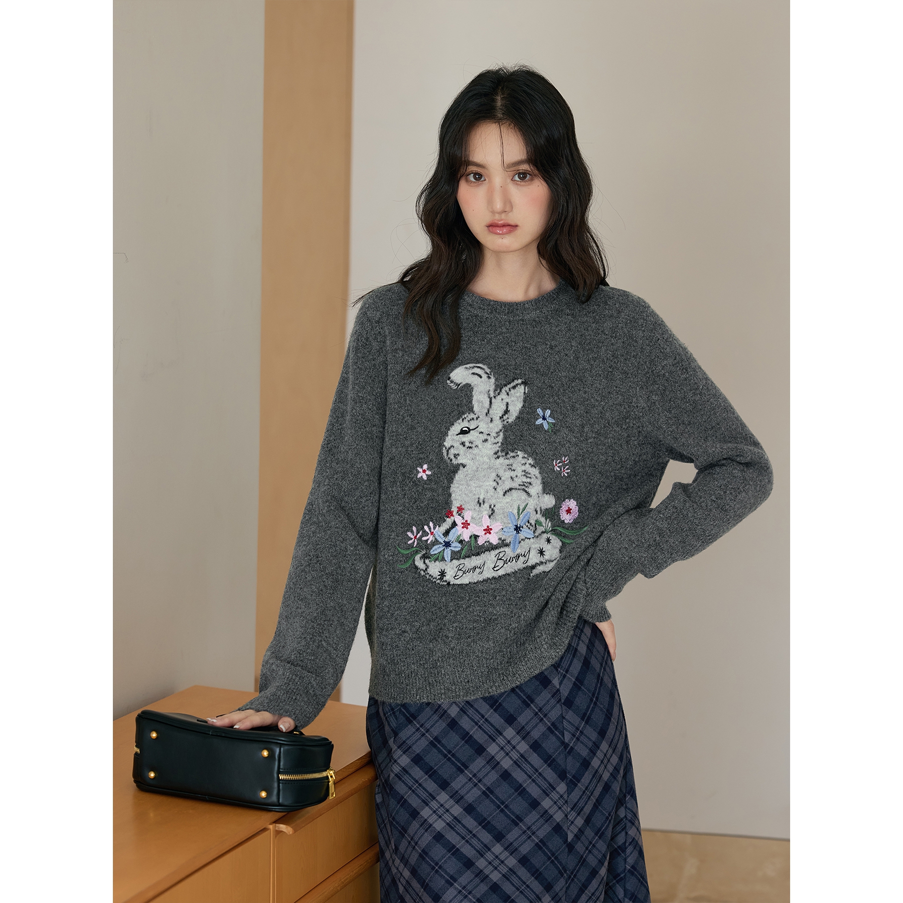 爱蔷薇胖mm大码兔子提花毛衣女高级感2025新款秋冬针织衫GT79005