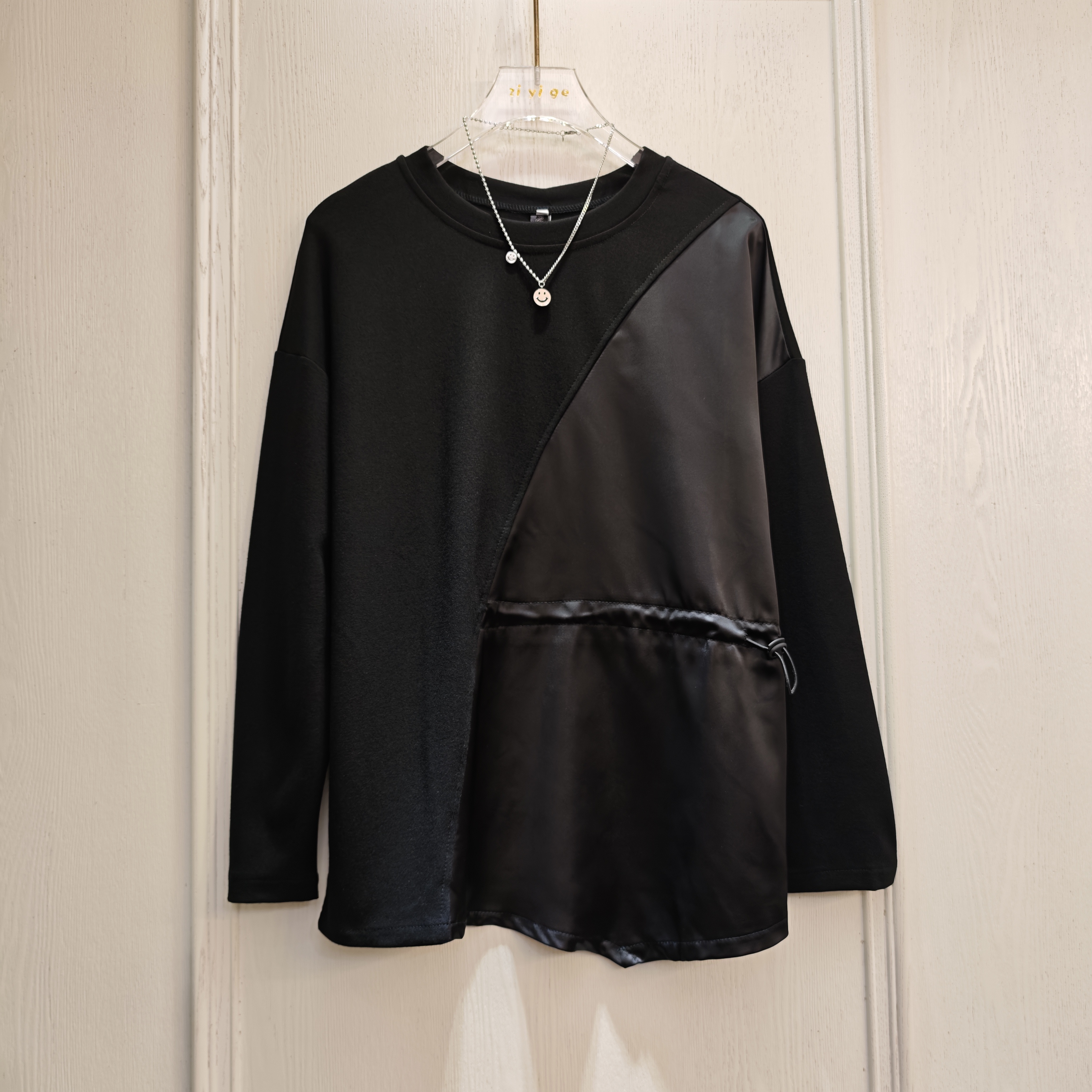 2025春秋新款韩版宽松大码女装休闲设计感冰面拼接长袖收腰上衣潮