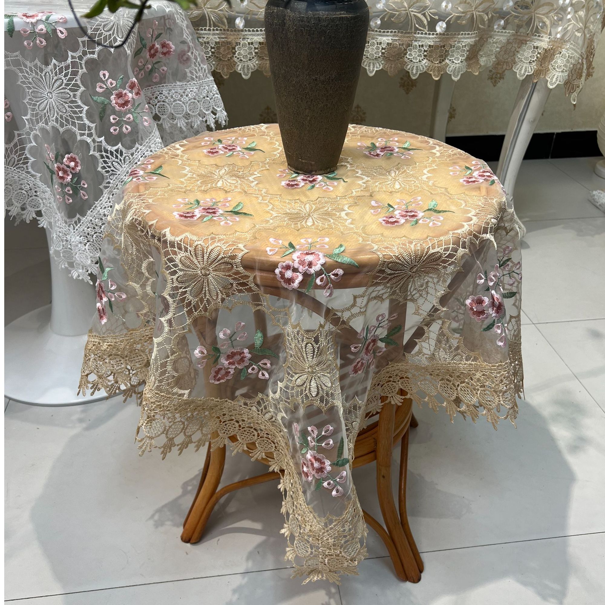 2-02欧根纱（90*90cm方）四色梅款欧根纱小圆桌方桌桌布