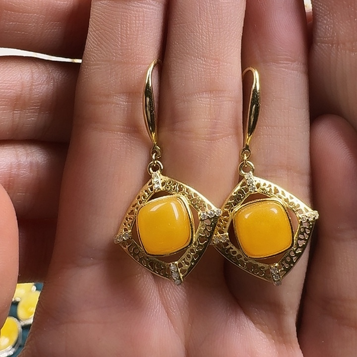 蜜蜡银S925镶嵌耳饰耳坠