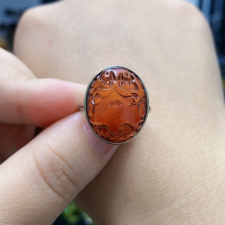琥珀裸石银S925镶嵌戒指