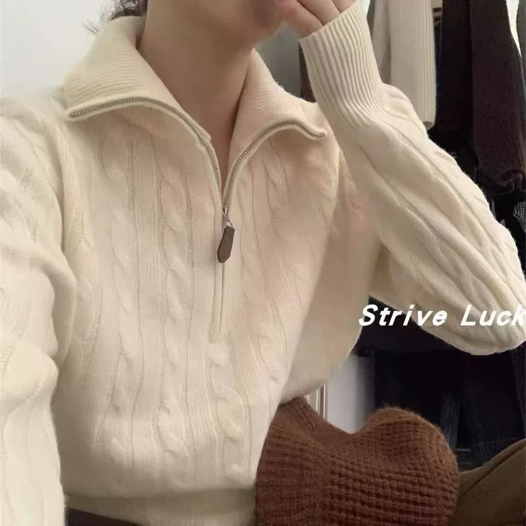 LH107833 100%全羊毛半拉链上衣慵懒风宽松高领麻花针织衫