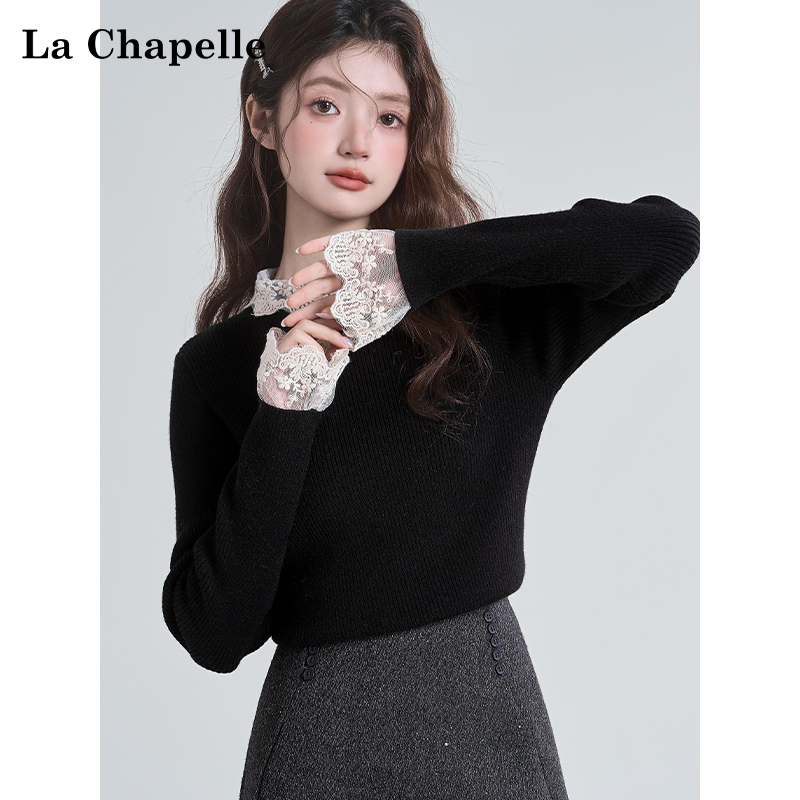 拉夏贝尔蕾丝拼接针织衫女秋冬新款设计感小众内搭打底衫修身上衣