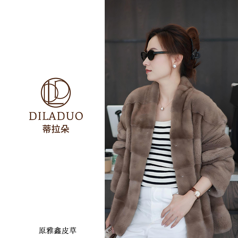 蒂拉朵海宁皮草进口水貂V领貂皮大衣紫金短二整貂天鹅绒外套