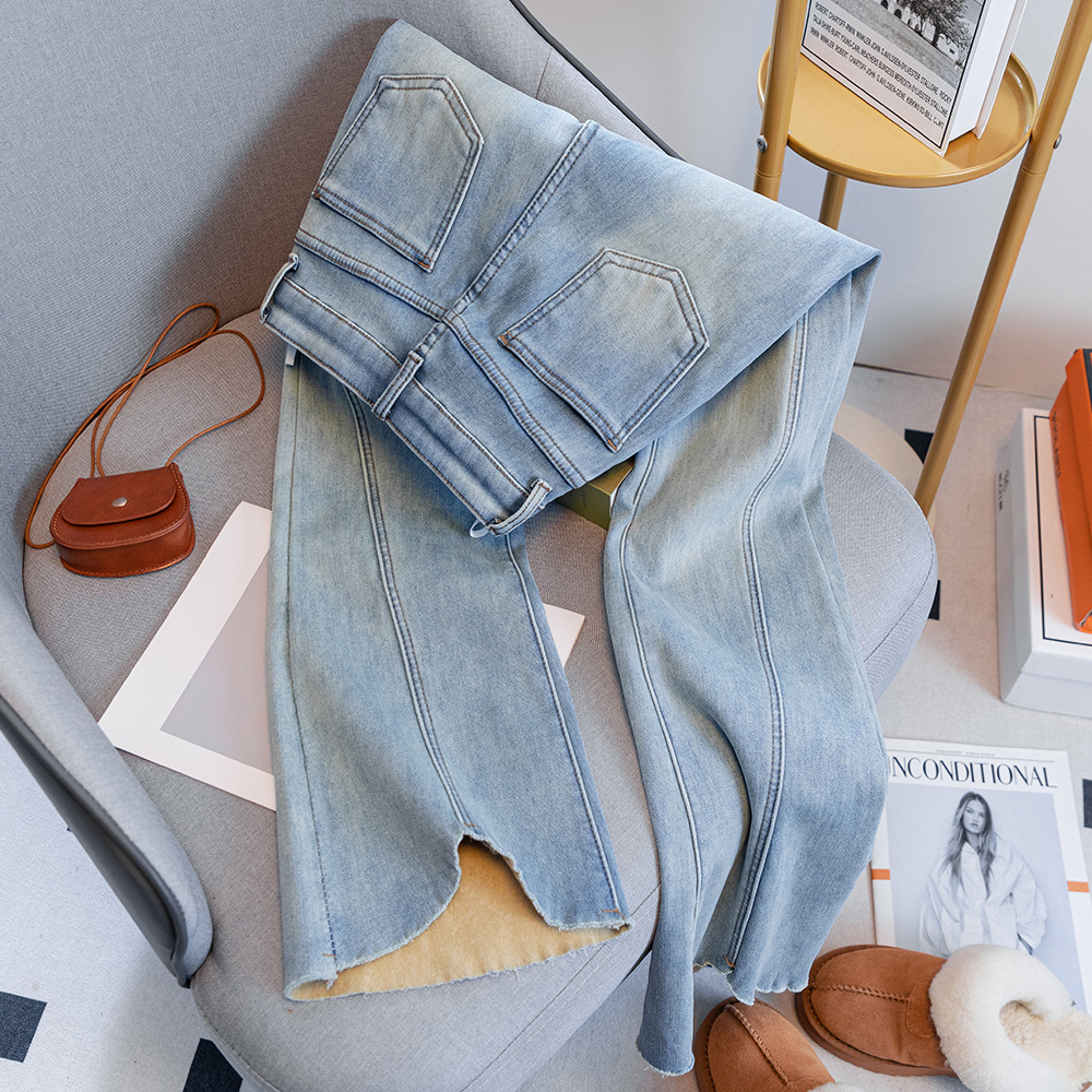 988浅蓝色毛边微喇牛仔裤女2025春季新款高腰显瘦弹力喇叭马蹄裤