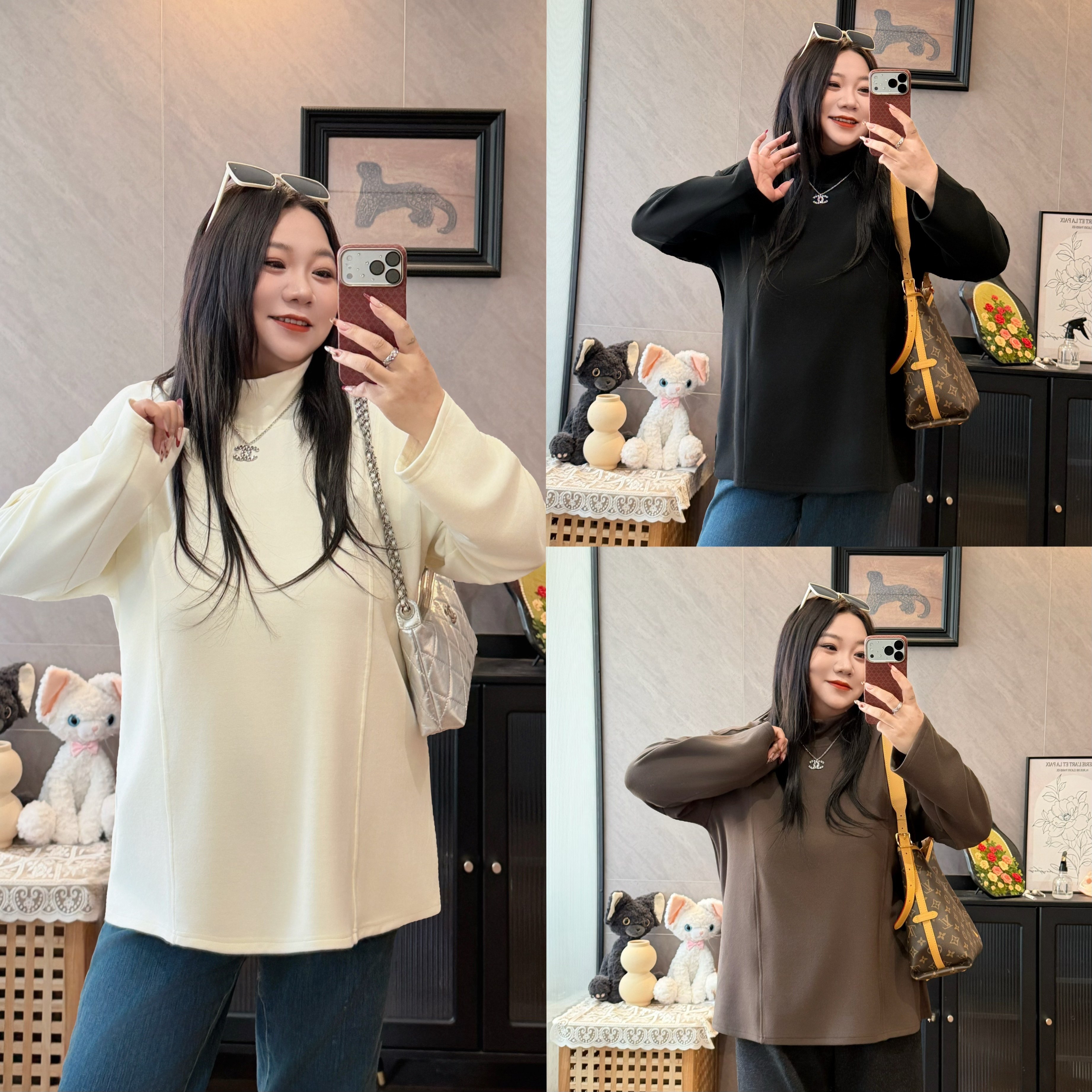 花契“甜甜米糕”大码女装冬季宽松200斤胖mm半高领德绒T恤30010-H