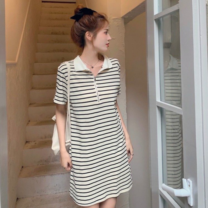 港味polo领拉链连衣裙女撞色条纹短裙夏季新款韩版chic风小众裙子