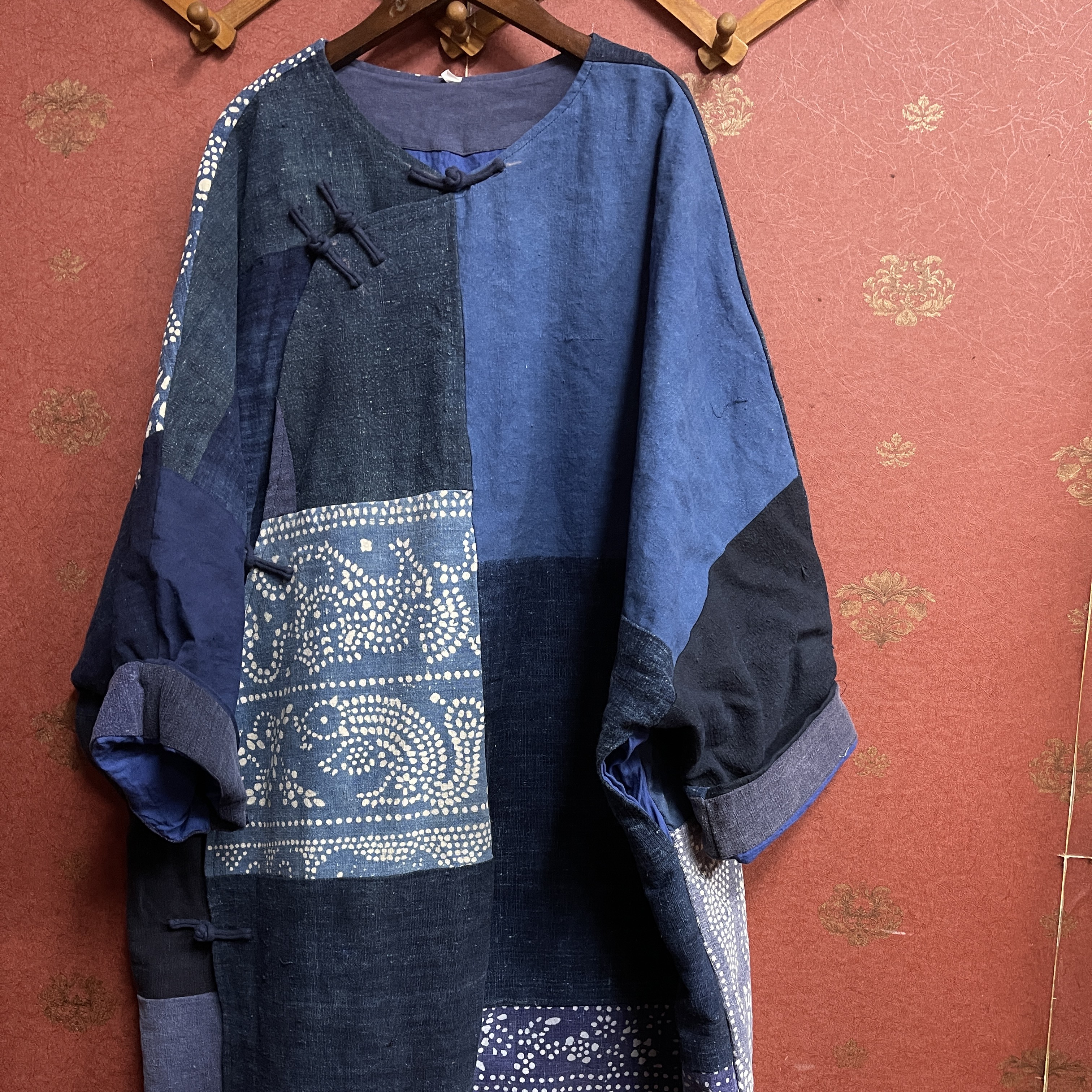 美姿蓝染老古布圆领斜襟双层袍子