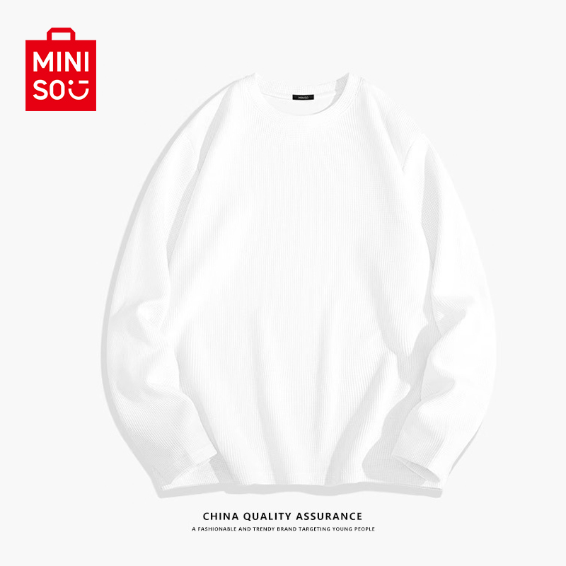 MINISO名创优品重磅华夫格t恤男春秋款简约白色长袖青少年打底衫