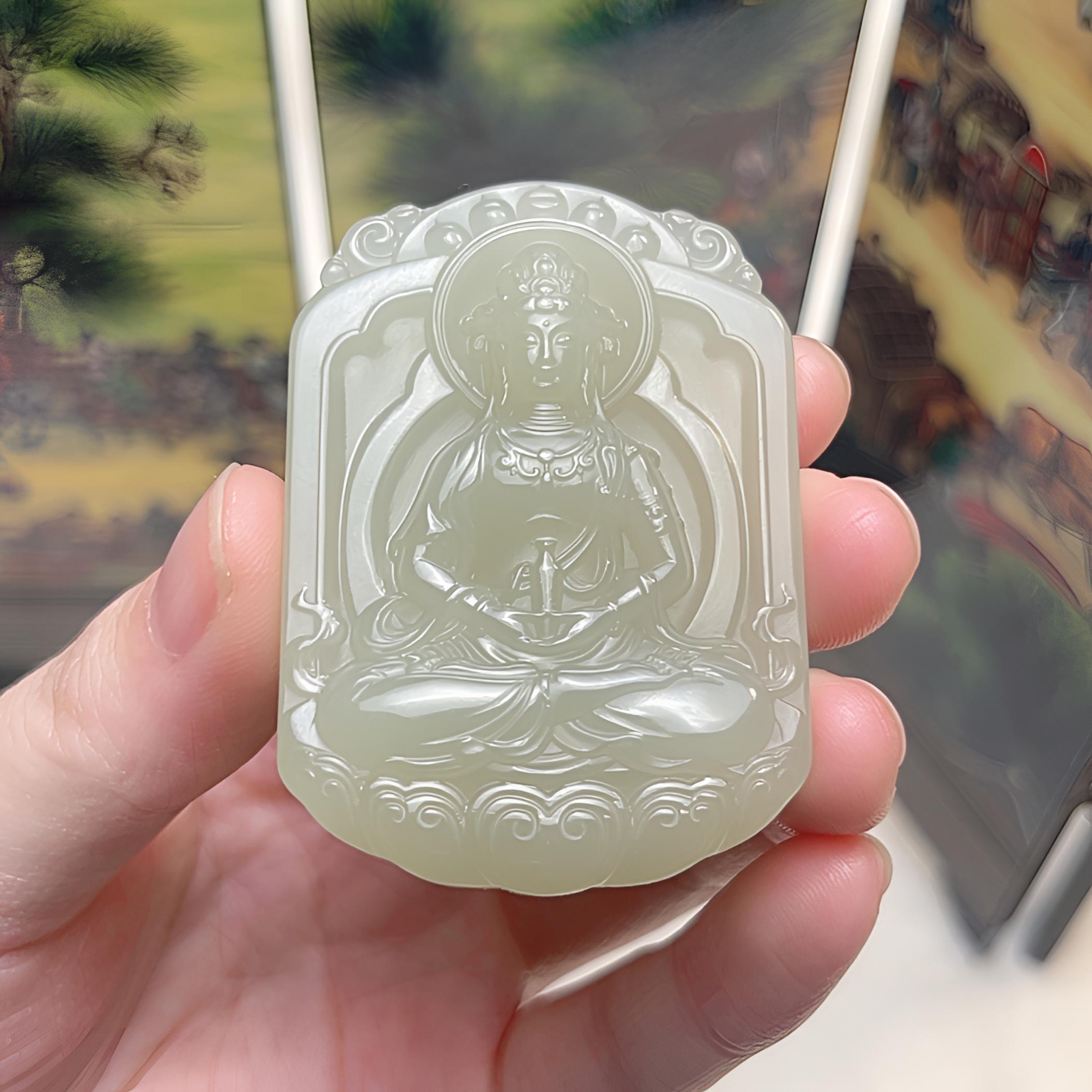 天然和田玉净瓶观音双面精雕背面龙牌生意兴隆男女同款