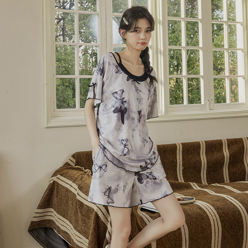 325夏季新款冰丝螺纹短袖短裤带胸垫女士休闲睡衣家居服套装YNE