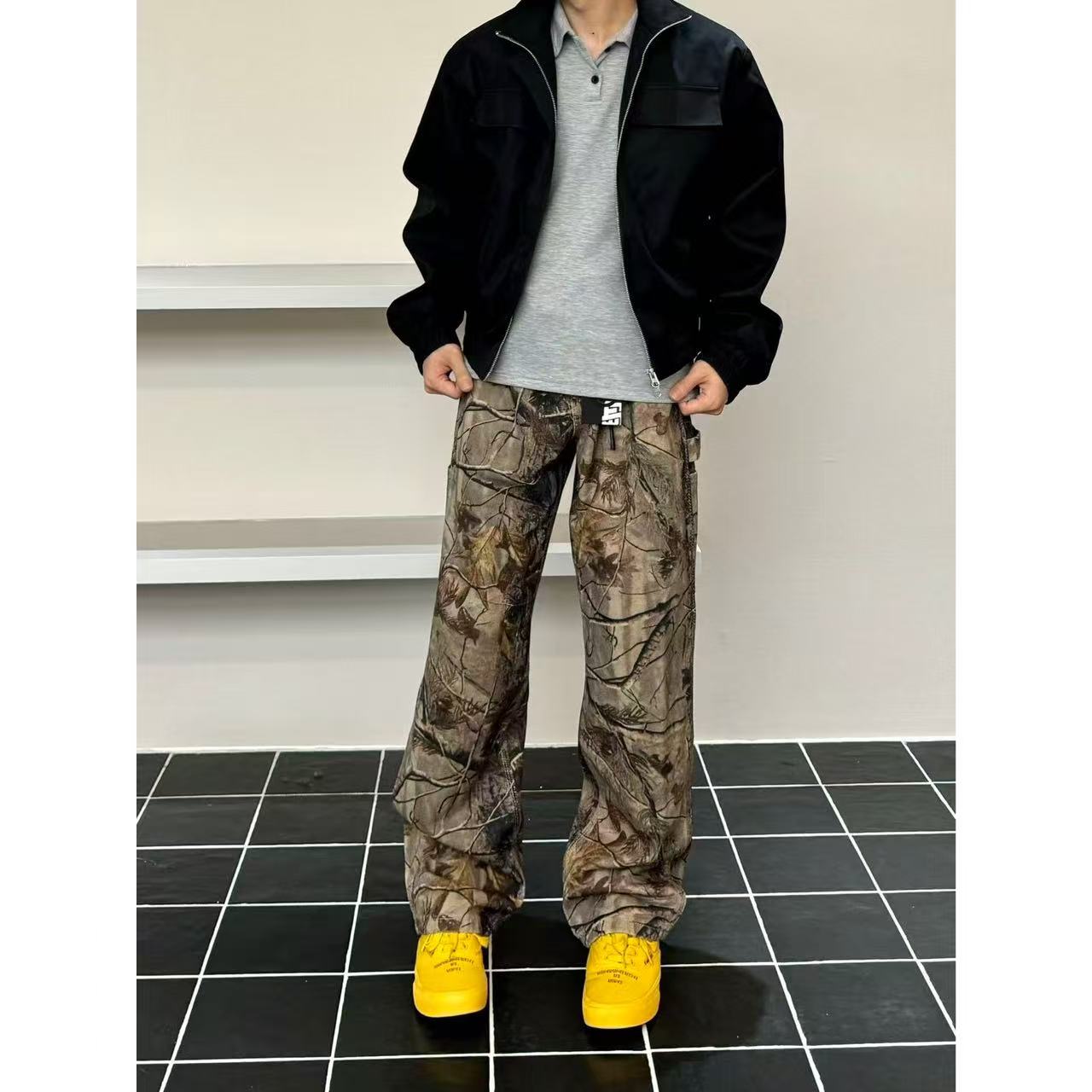 秋季新款帅气潮流复古美式cleanfit树枝迷彩宽松牛仔裤裤男