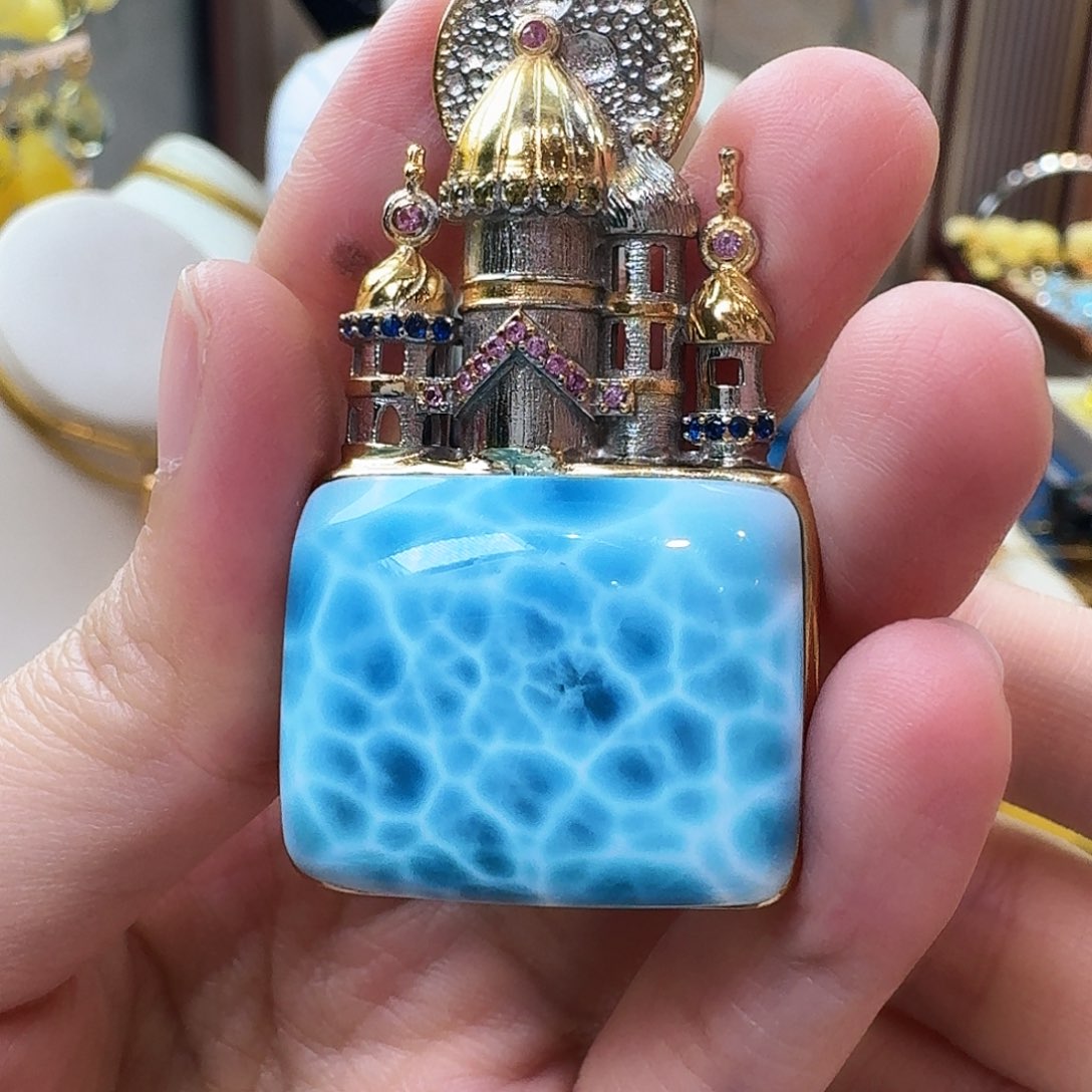 针钠钙石（海纹石）银S925镶嵌颈饰吊坠