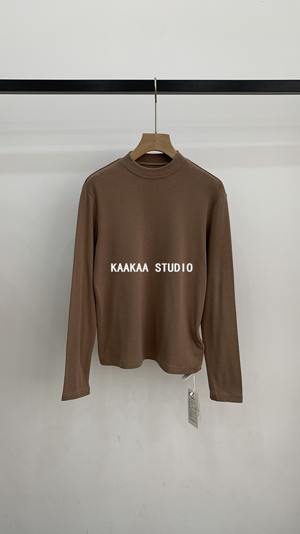 REKAYYAT 韩版时尚坑条小立领打底衫长袖T恤