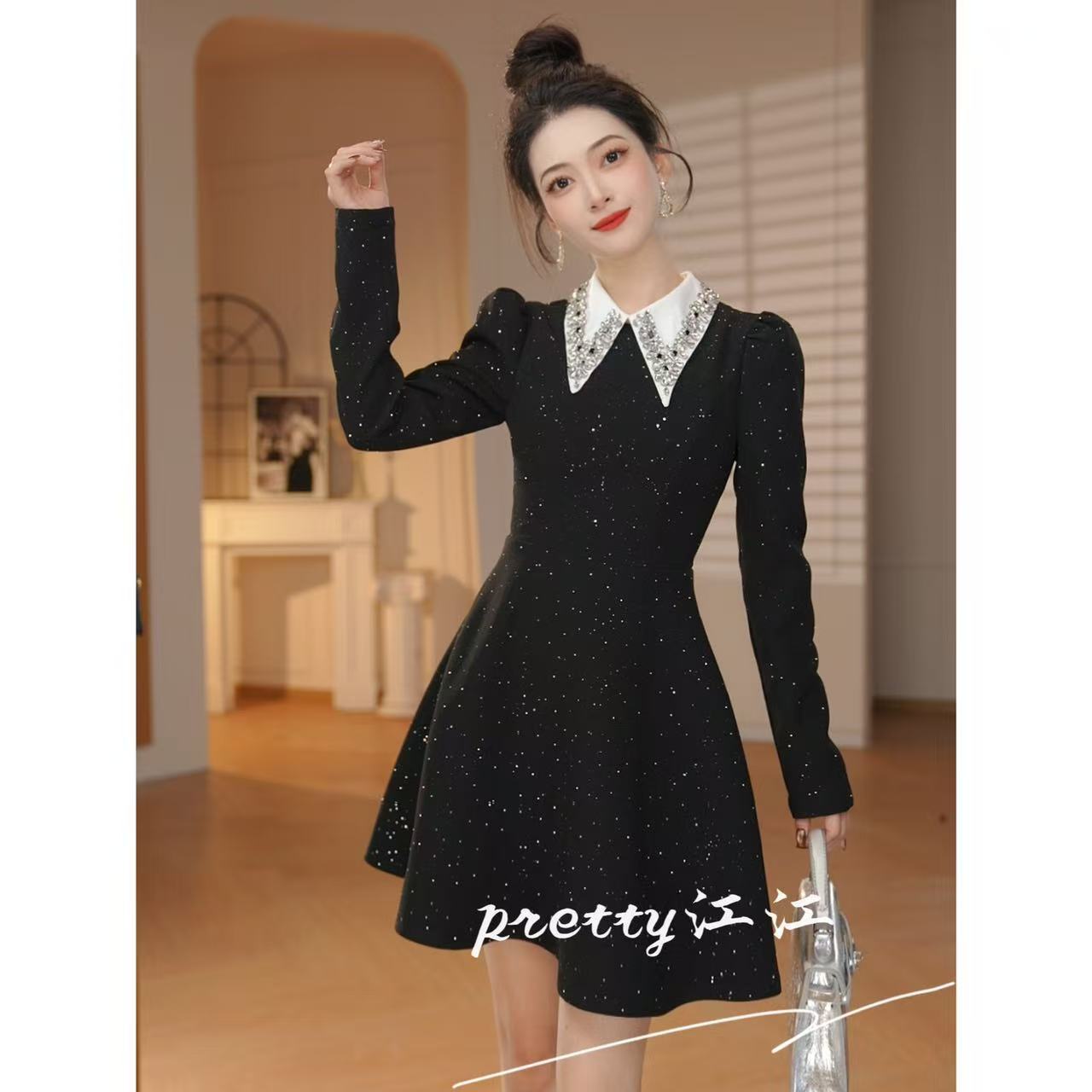 Pretty小众设计师品牌江江定制 秋冬小香风小个子轻奢连衣裙21934