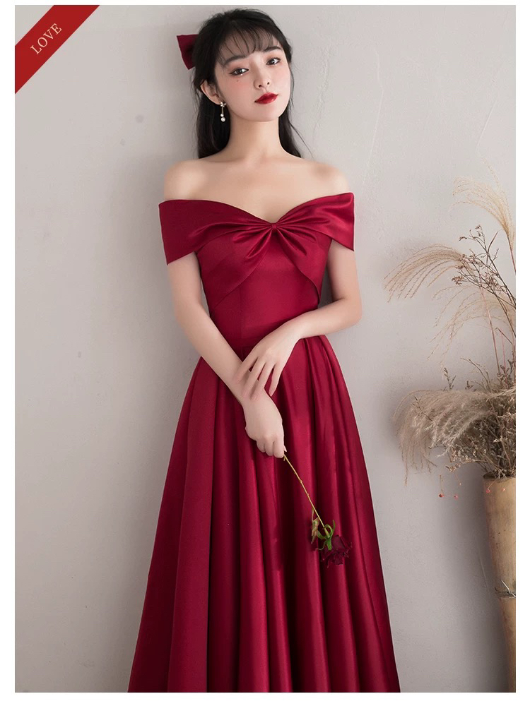 法式一字肩酒红色缎面晚礼服艺考表演主持显瘦气质订婚新娘敬酒服
