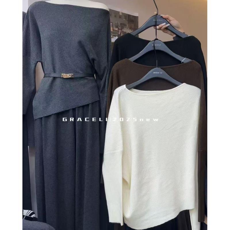 5655号1266#1299#秋冬一字领气质百搭长袖针织上衣（配腰带）B5-14