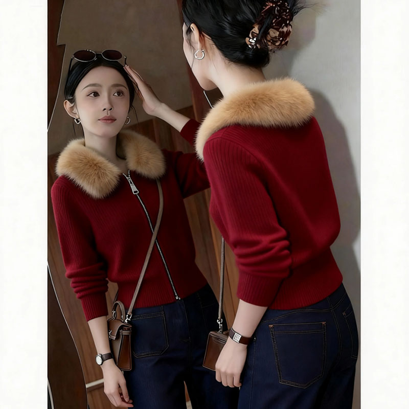 新年圣诞穿搭奶呼呼软糯慵懒风宽松毛领红色长袖针织衫毛衣女秋冬