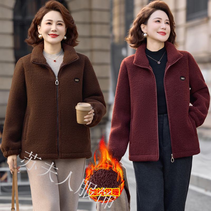 时尚中年妈妈秋冬短款加绒加厚棉衣外套中老年女冬装保暖棉袄新款