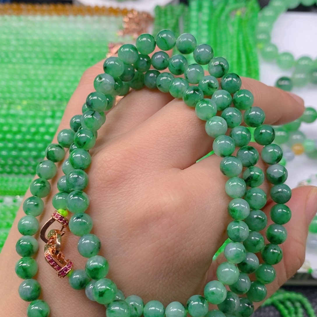 翡翠颈饰未镶嵌缅甸天然翡翠飘绿花塔链6.3，6.8m' m