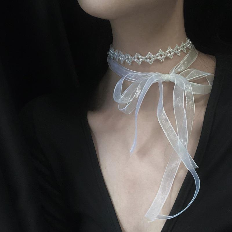 法式复古纯色丝带珍珠丝巾女锁骨链项链韩版发带小领巾春夏季飘带