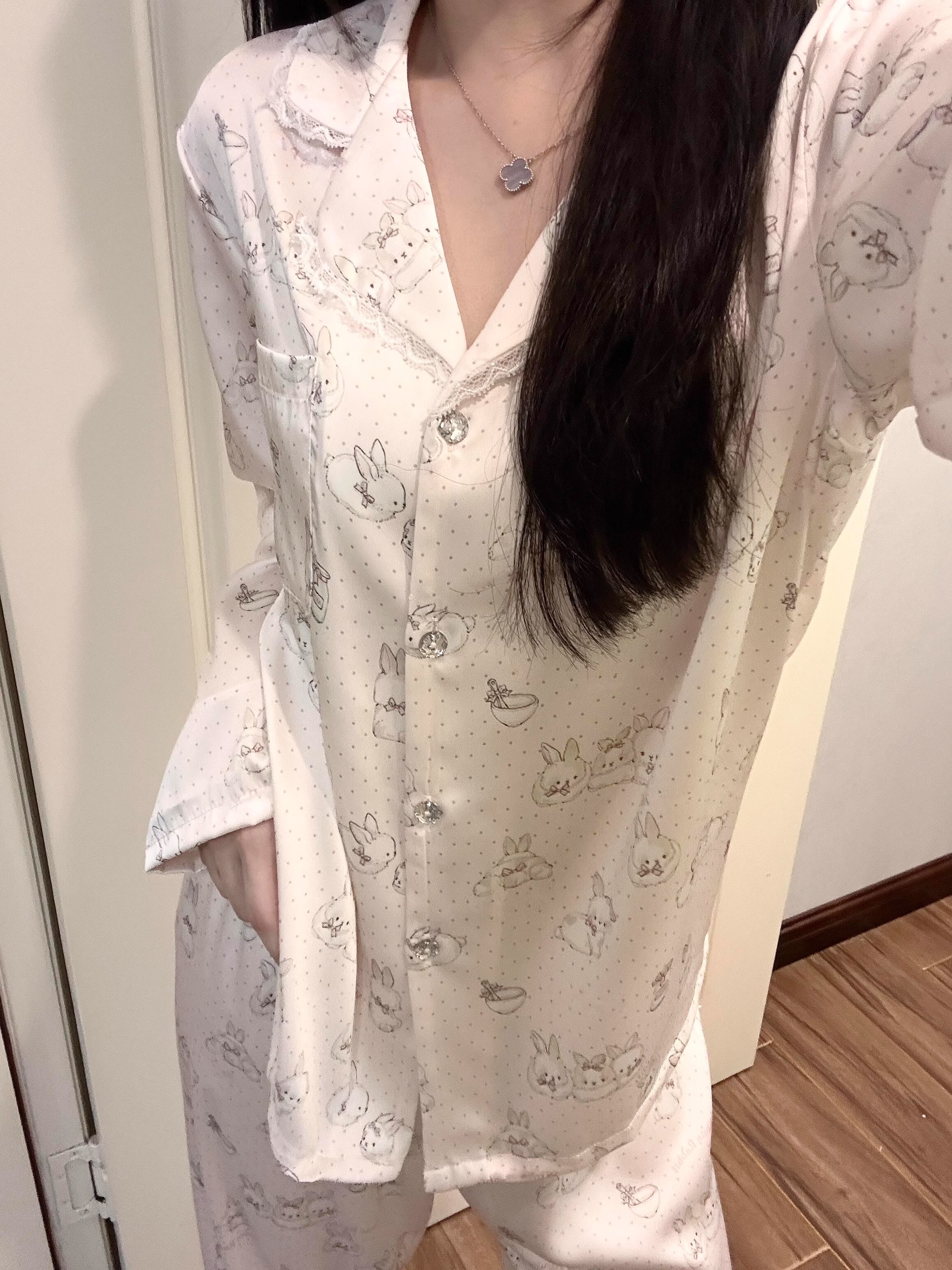 【DMXJ大梦想家】可爱兔子印花蕾丝花边睡衣女春秋新款家居冰丝套装