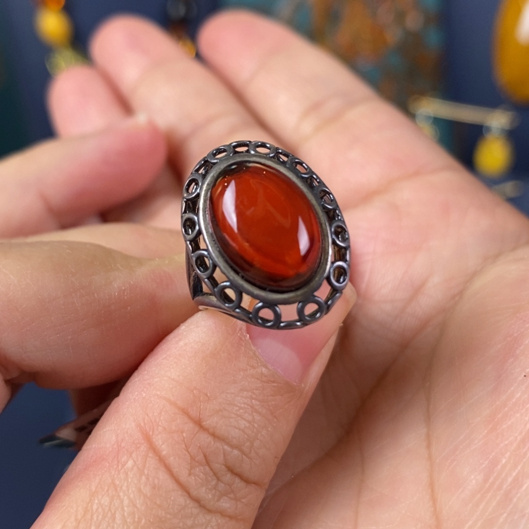 血珀戒指银S925镶嵌复古