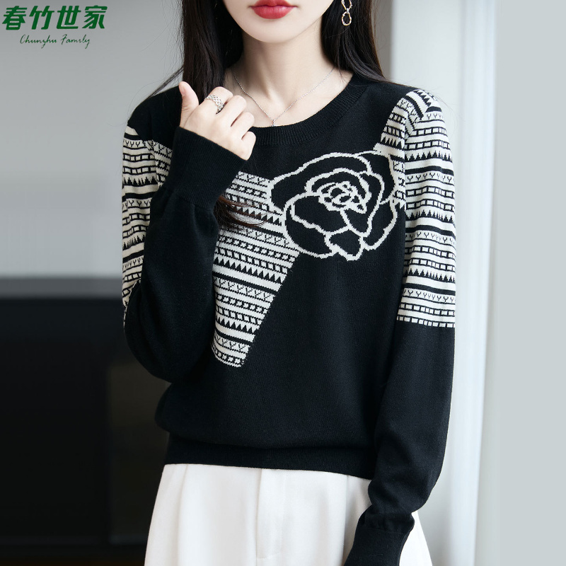 春竹世家羊绒针织保暖毛衣2025秋冬季新款纯羊毛长袖时尚打底衫潮