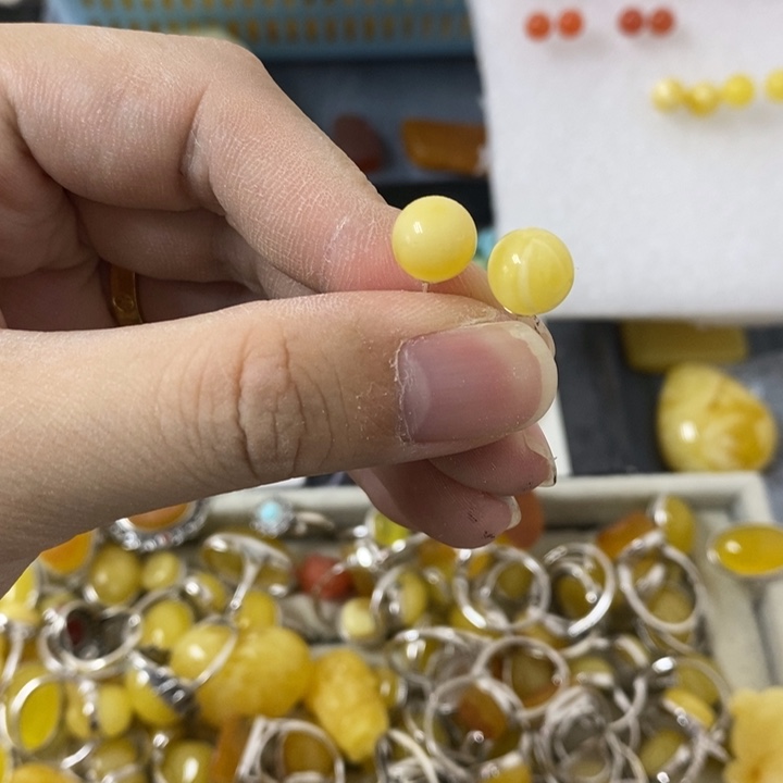 蜜蜡裸石银S925镶嵌耳钉