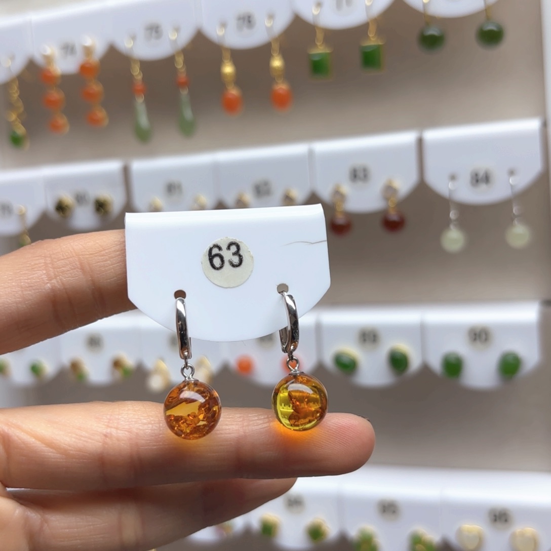 琥珀耳饰银S925镶嵌花珀