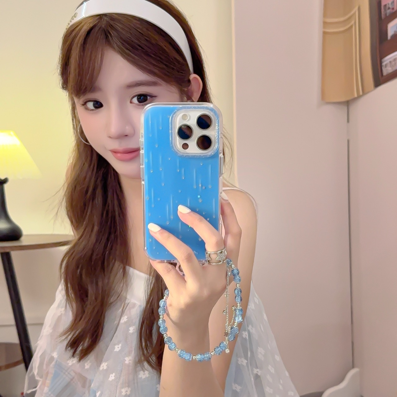 蓝底流星雨适用于苹果16promax手链手机壳iPhone15/14女款ins风13
