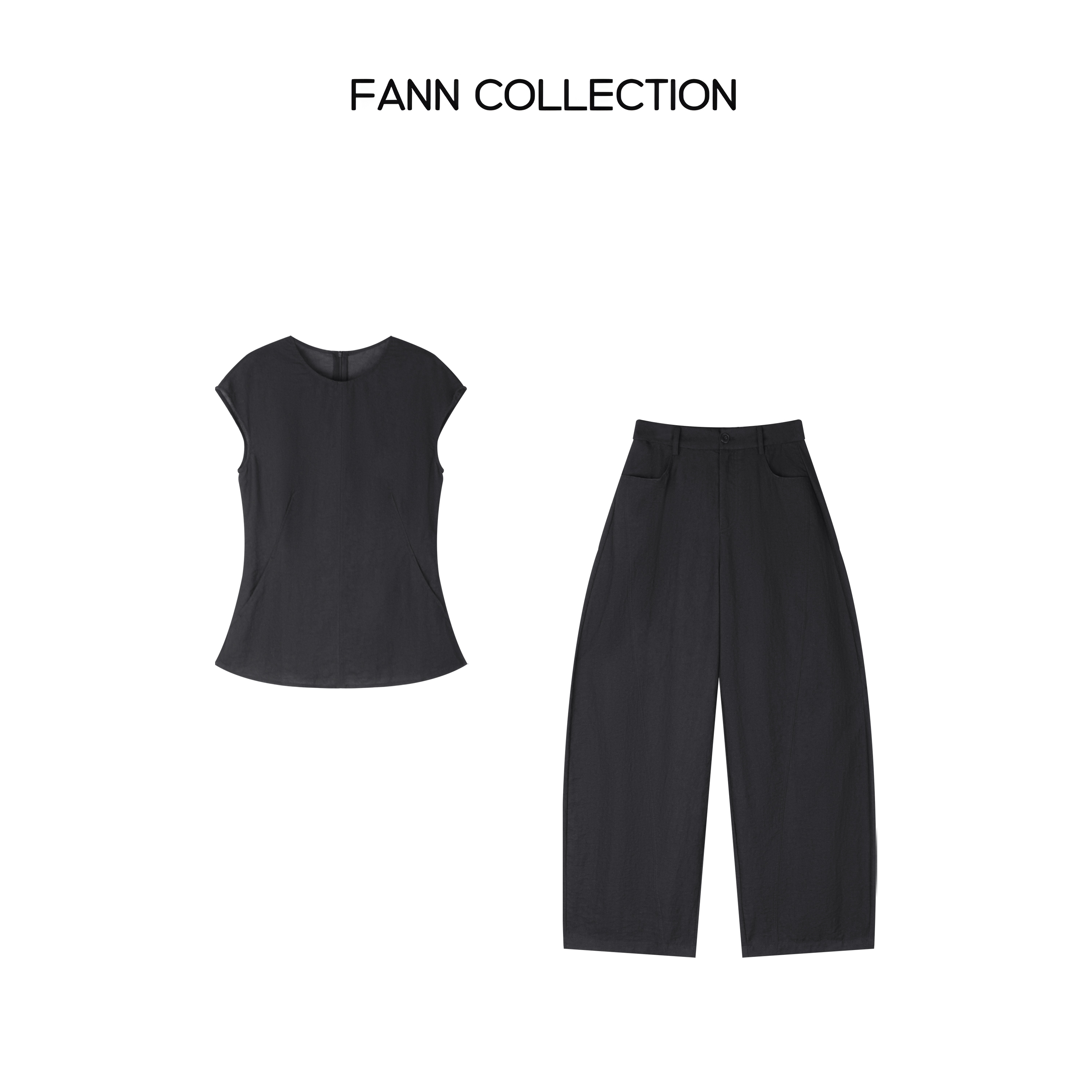 饭饭FANN COLLECTION 亚麻圆领背心休闲裤套装FANNE019