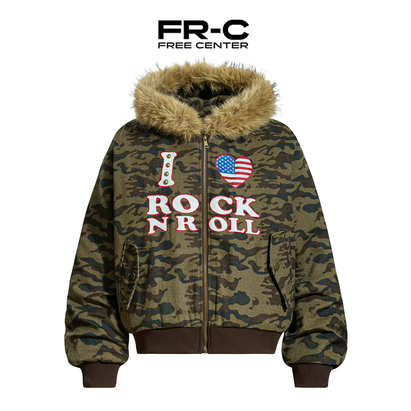 FREE CENTER美式街头迷彩刺绣连帽毛领外套男女秋冬夹棉棉服上衣