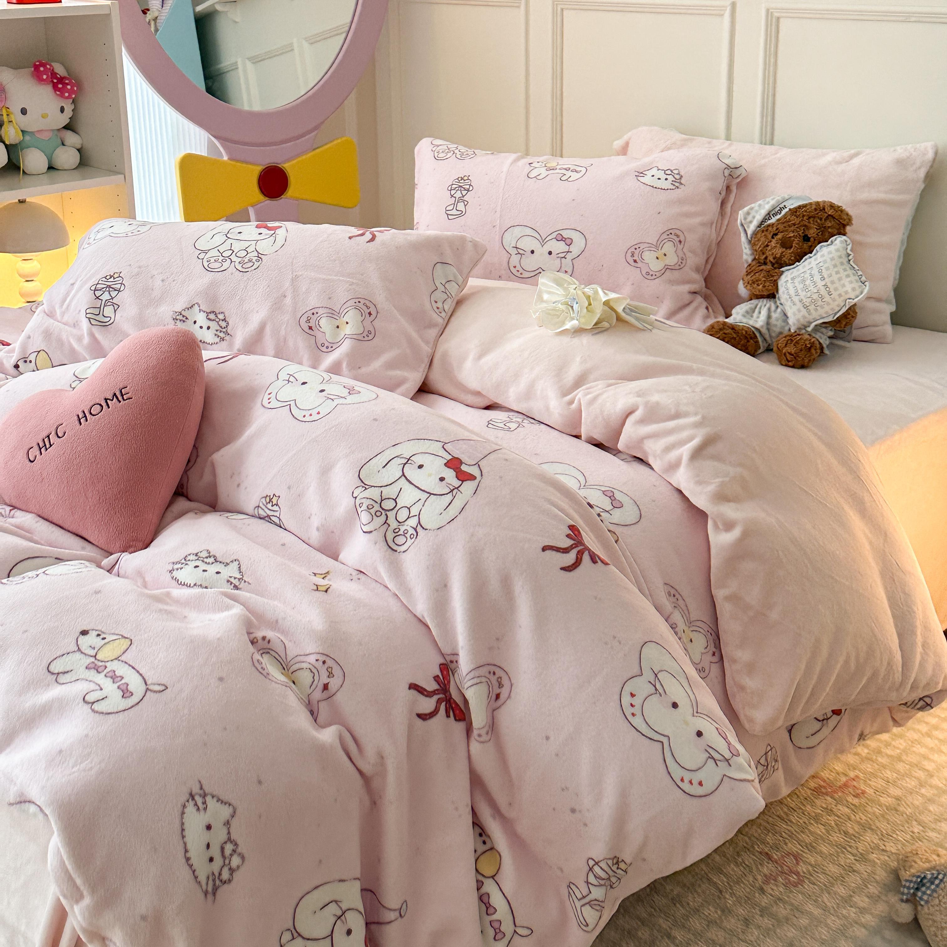 猫咪日记INS奶油蝴蝶猫咪卡通少女心牛奶绒四件套宿舍三件套床品