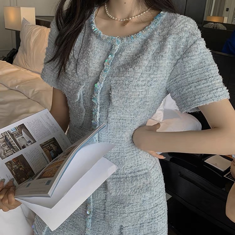 【是你大大钱】夏季小香baby蓝重工手工缝制亮片小香风粗花呢连衣裙