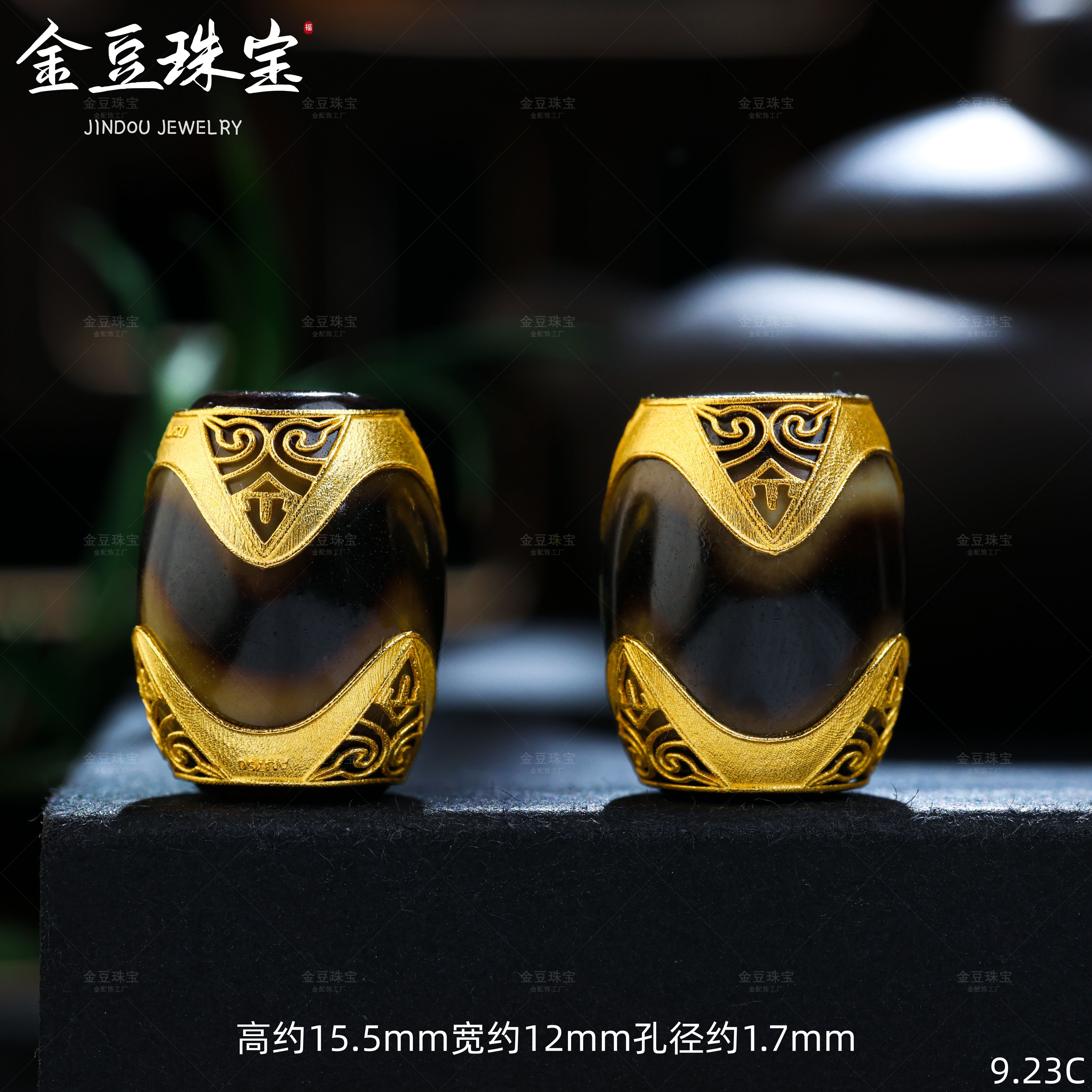 【金豆工厂】18K金镶财神扎基虎牙桶珠路路通天阿珠玛瑙隔珠C