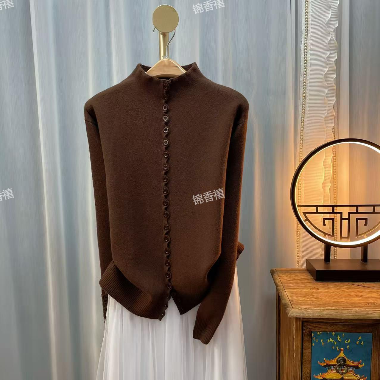 [V935-琥珀鎏金摩卡棕]秋款长袖时尚减龄百搭显瘦针织开衫女