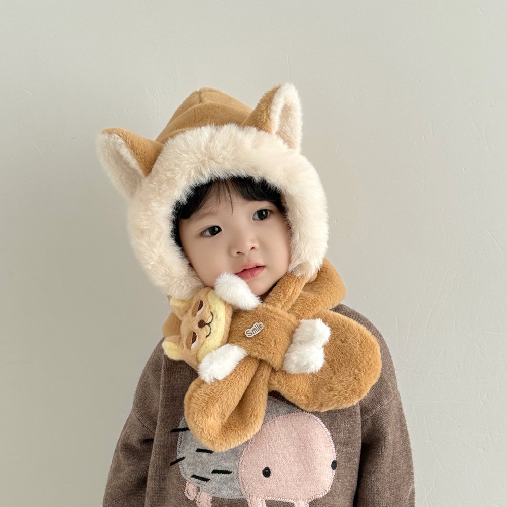 儿童帽子秋冬季保暖加厚毛绒一体围巾帽男孩女宝宝可爱防风护耳帽