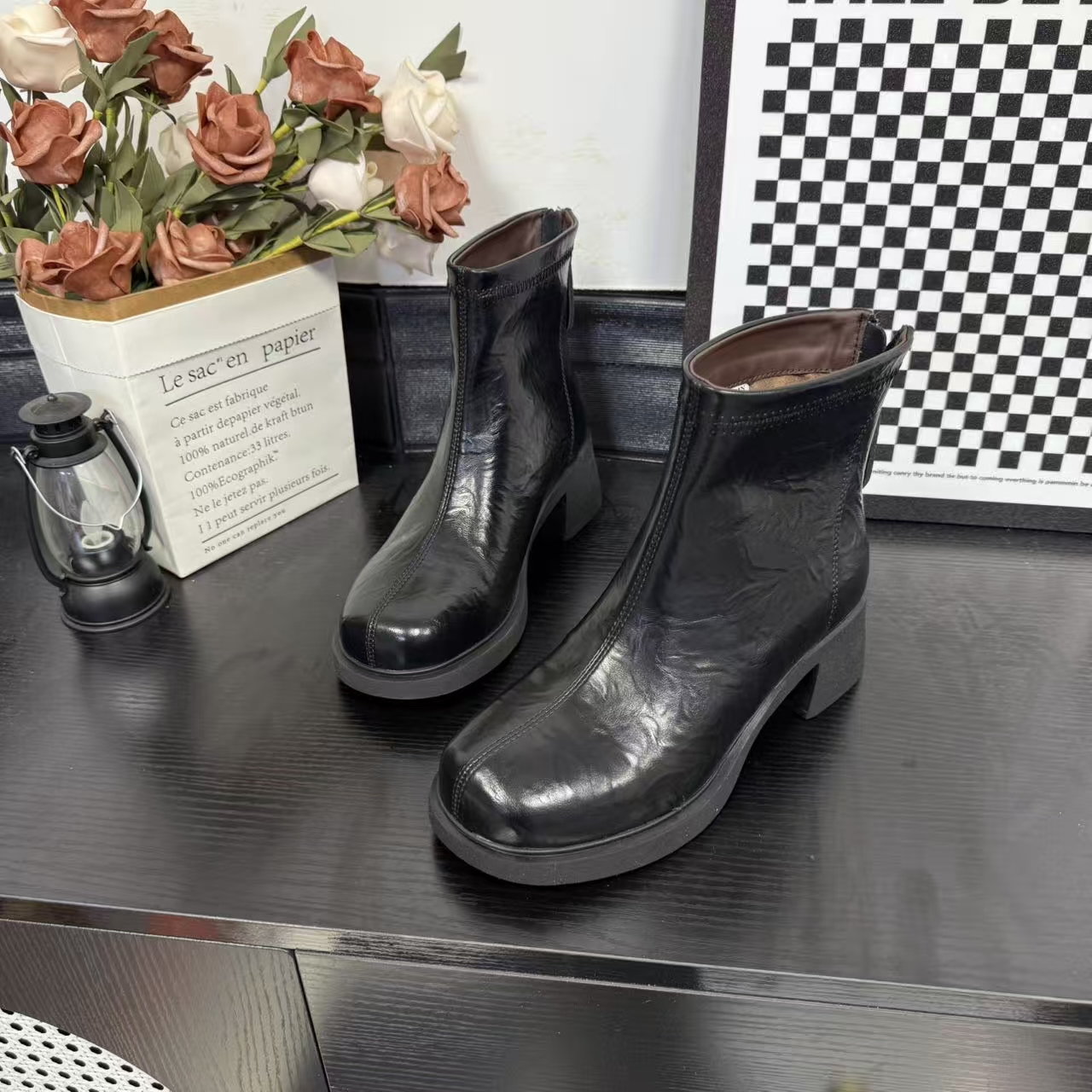 秋冬新款时尚休闲女鞋低跟短靴瘦瘦靴粗跟靴子冷粘工艺002