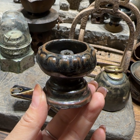 金属莲花瓷油灯 窑变漂亮